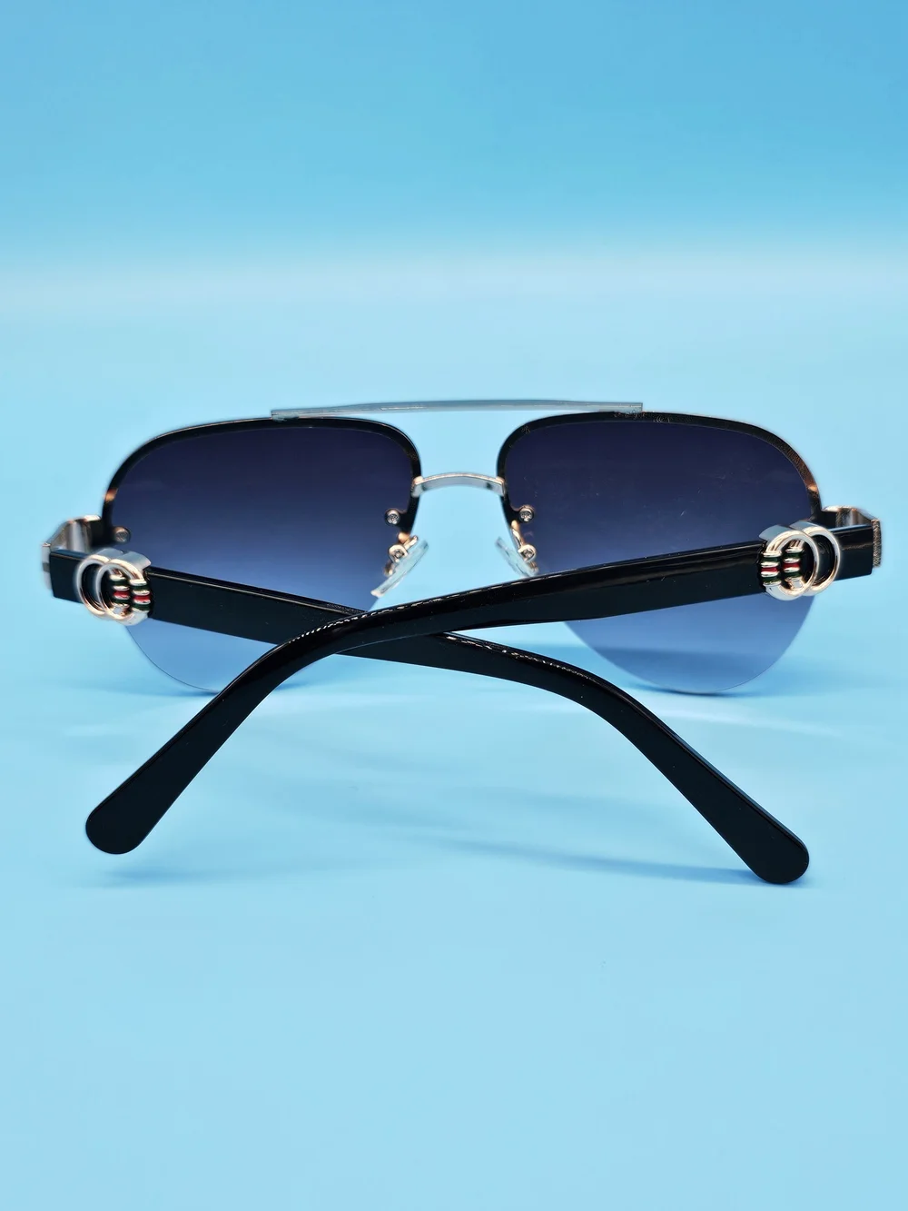 Men's Black and Silver Aviator Sunglasses with Blue Gradient Lenses